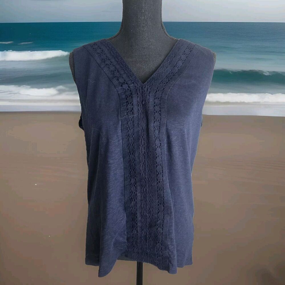 Talbots Blouse Navy Blue Large Crochet Lace Detail Sleeveless Coastal V-Neck NEW